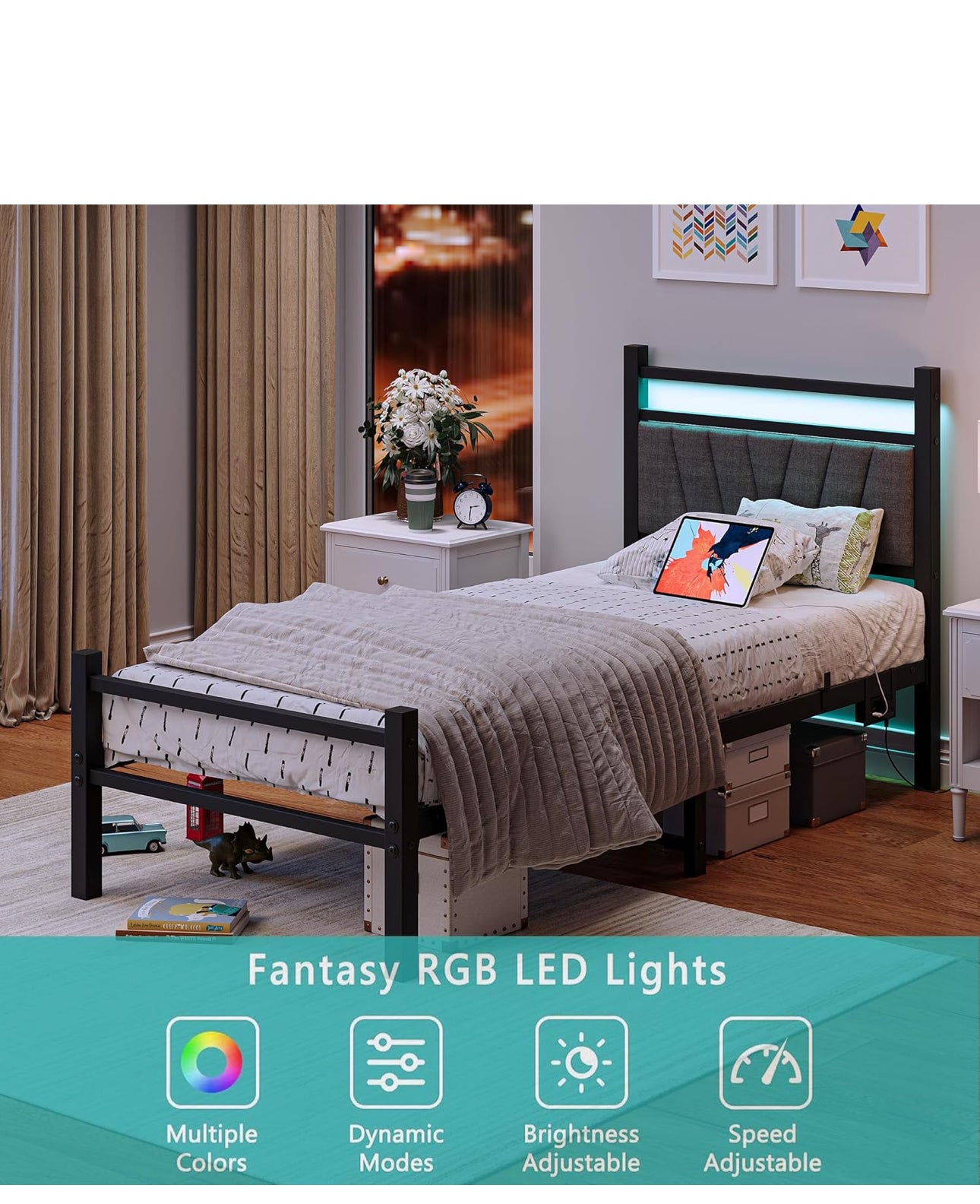 Bed frame with Headboard and USB Charging Station