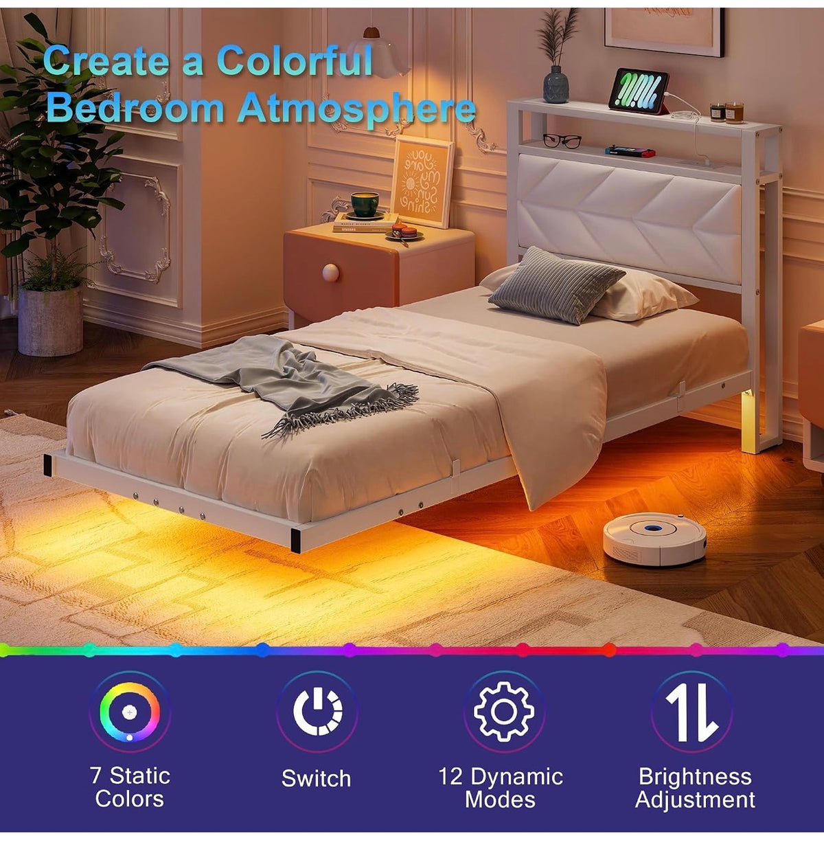 Metal Bed Frame with LED Lights and Charging Station, Heavy Duty Metal Slat Support, Noise Free, No Box Spring Needed