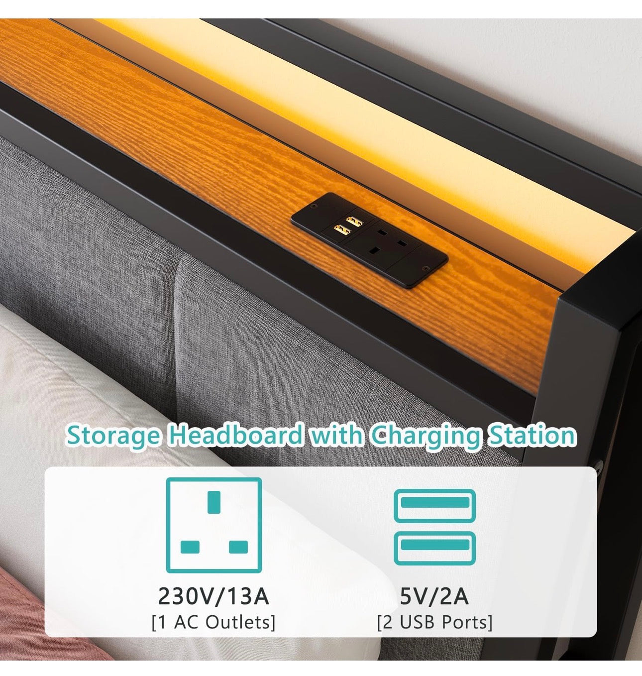 Bed Frame, 4FT6 Bed Frame Ergonomics Double with Charging Station and LED Lights, Heavy Duty Platform Full Bed with Fabric Storage Sloped Headboard, No Box Spring Needed, (Black)