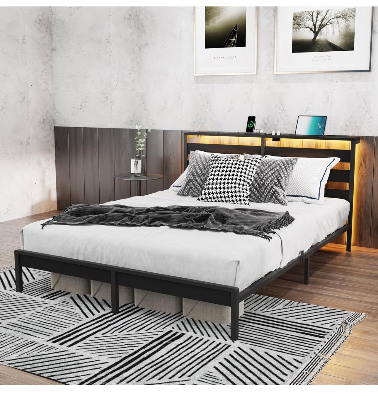 5ft King Bed Frame with Charging Station and LED Lights, Heavy Duty Metal Platform King 150x200 cm Bed Frame with Wood Storage Headboard, No Box Spring Needed, Noise Free, Black