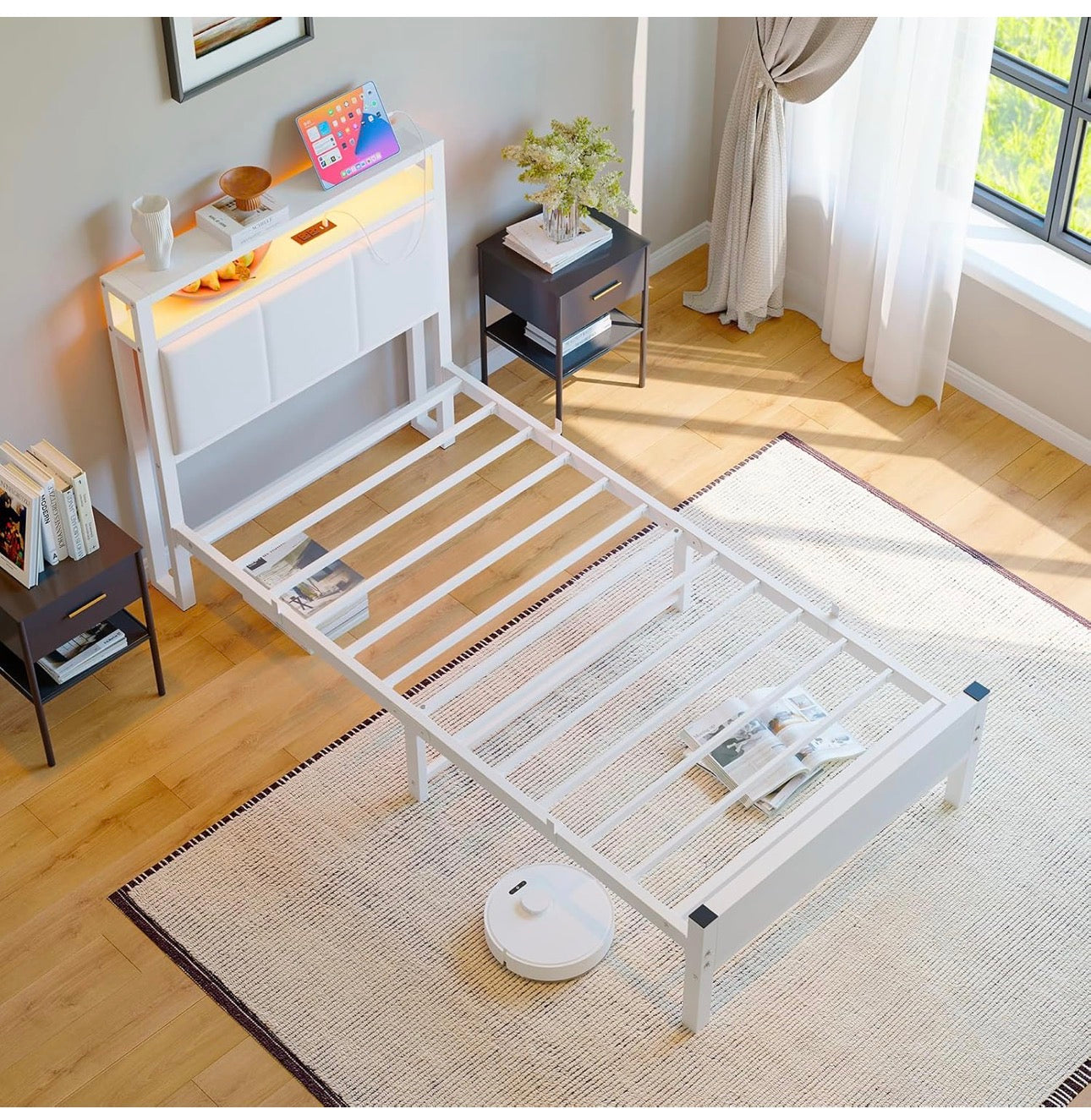 3FT Single Bed Frame with LED Lights and Charging