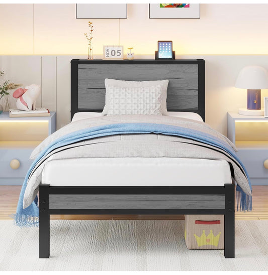 Wooden Single Bed Frame with Storage Headboard Shelf, 3FT Metal Bed Frame Single Bed Base