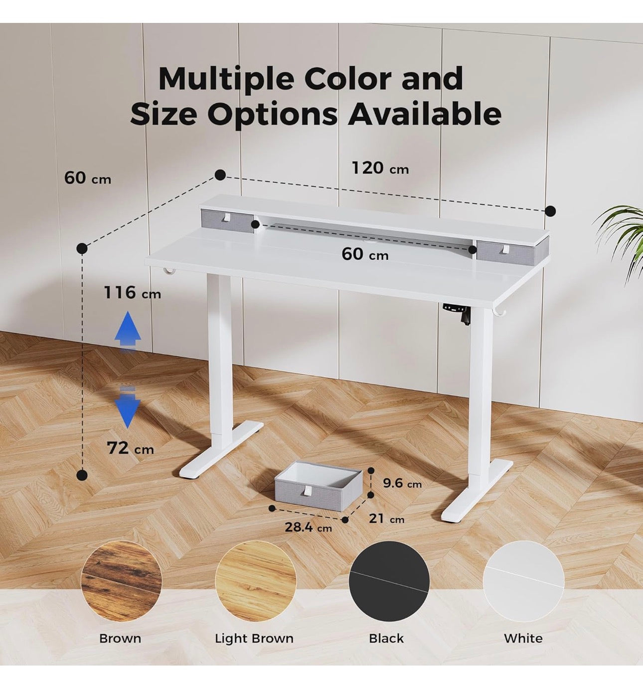 Electric Adjustable Height Desk with 2 Drawers, 120 x 60 cm