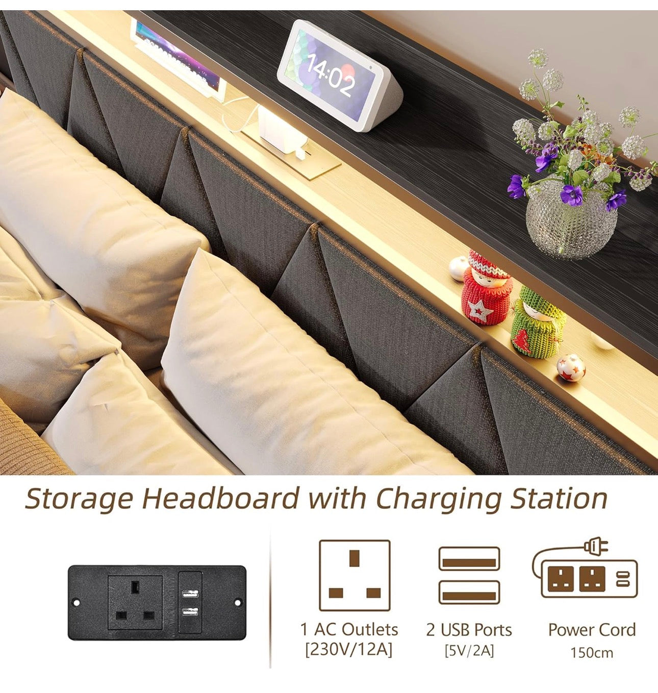 King Size Bed Frames with 5ft Upholstered Wooden Two-shelf Storage Headboard, Charging Station,LED Lights, 150x200 cm Heavy Duty Metal Platform Bed Kingsize,No Box Spring Needed,Grey