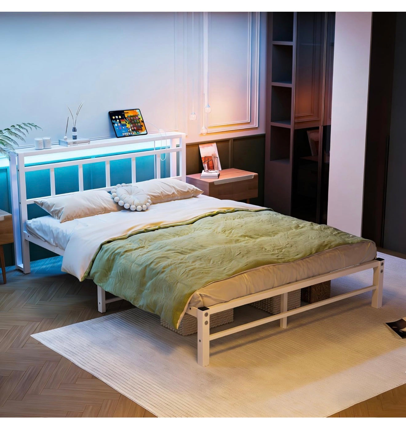 Double Bed Frame with Storage Headboard,4ft6 Bed Frame Double Bed Base with Charging Station and LED Lights