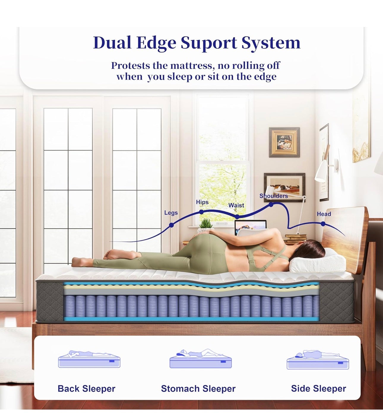 12 Inch Double Mattress, 7-Zone Hybrid Double Bed Mattresses, Memory Foam Mattress with Pocket Sprung
