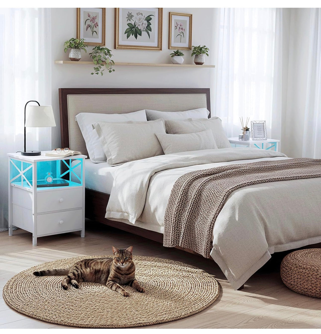 Bedside Table Set of 2, Side Table with Charging Station and Led Lights, Bedside Cabinet with 2 Fabric Storage Drawers, Sofa Side Table, Nightstand for Living Room, Bedroom, White