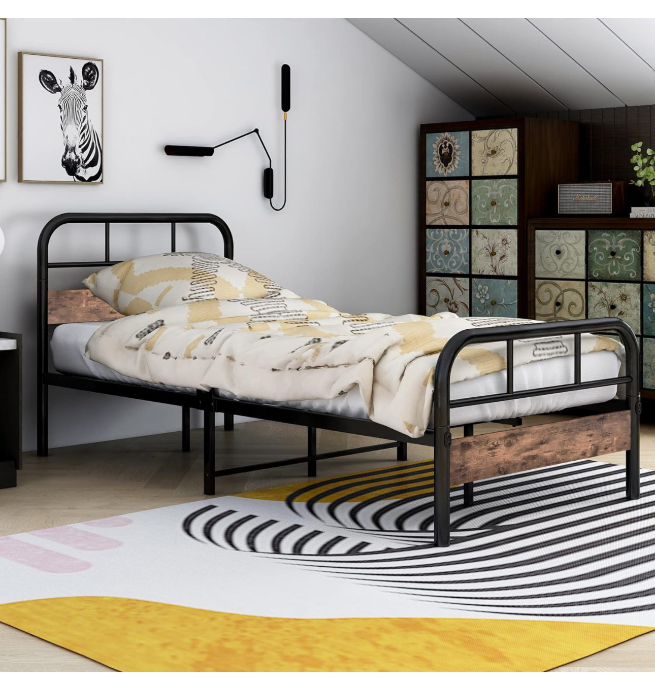 Single Bed Frame with Wooden Headboard