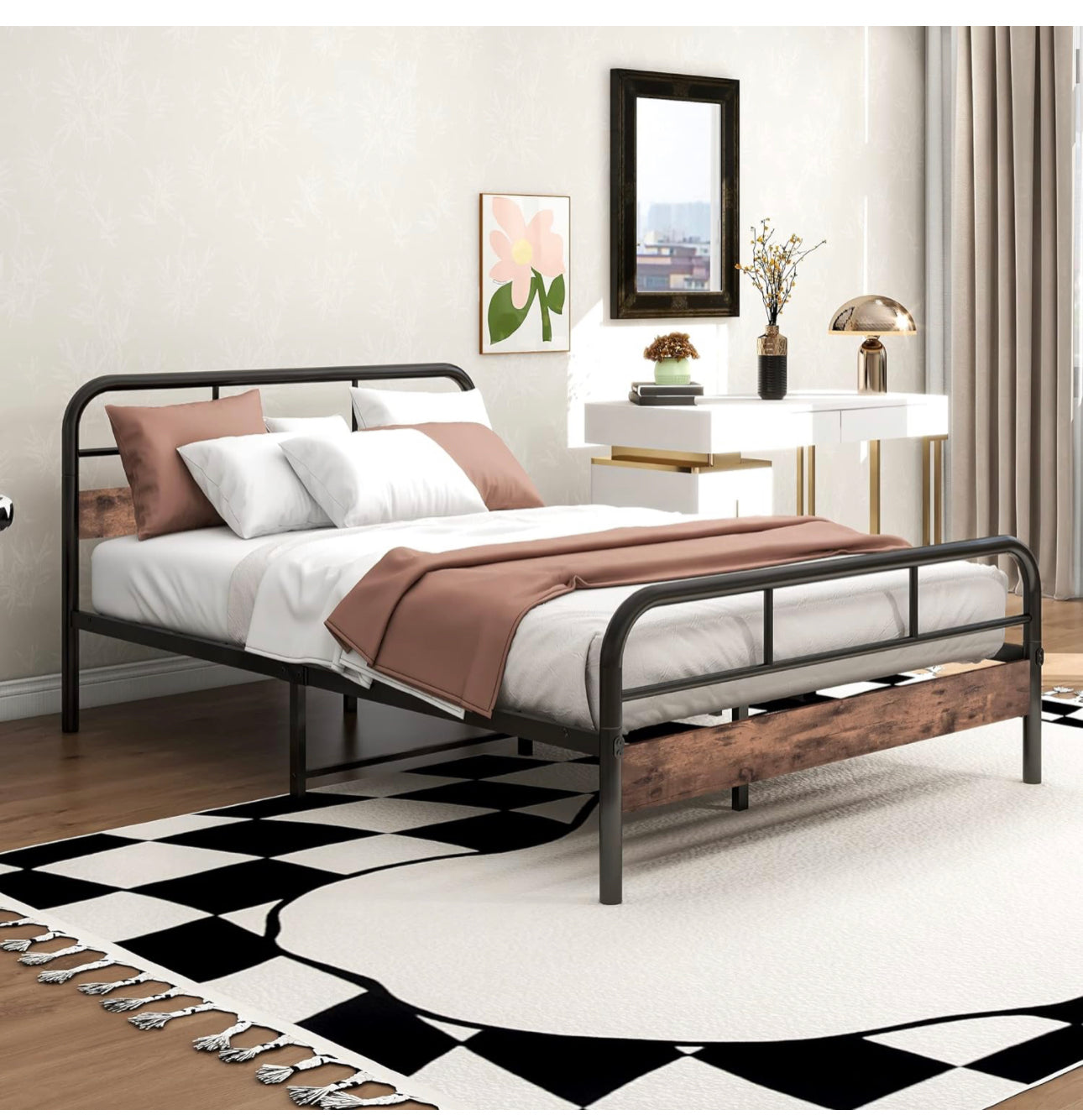 4ft Double Bed Frame with Wooden Headboard
