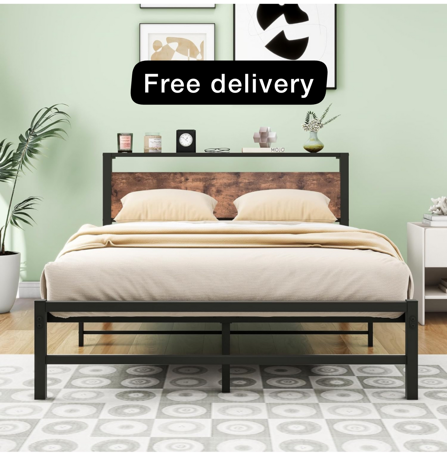 Double Bed Frame with Wood Storage Headboard