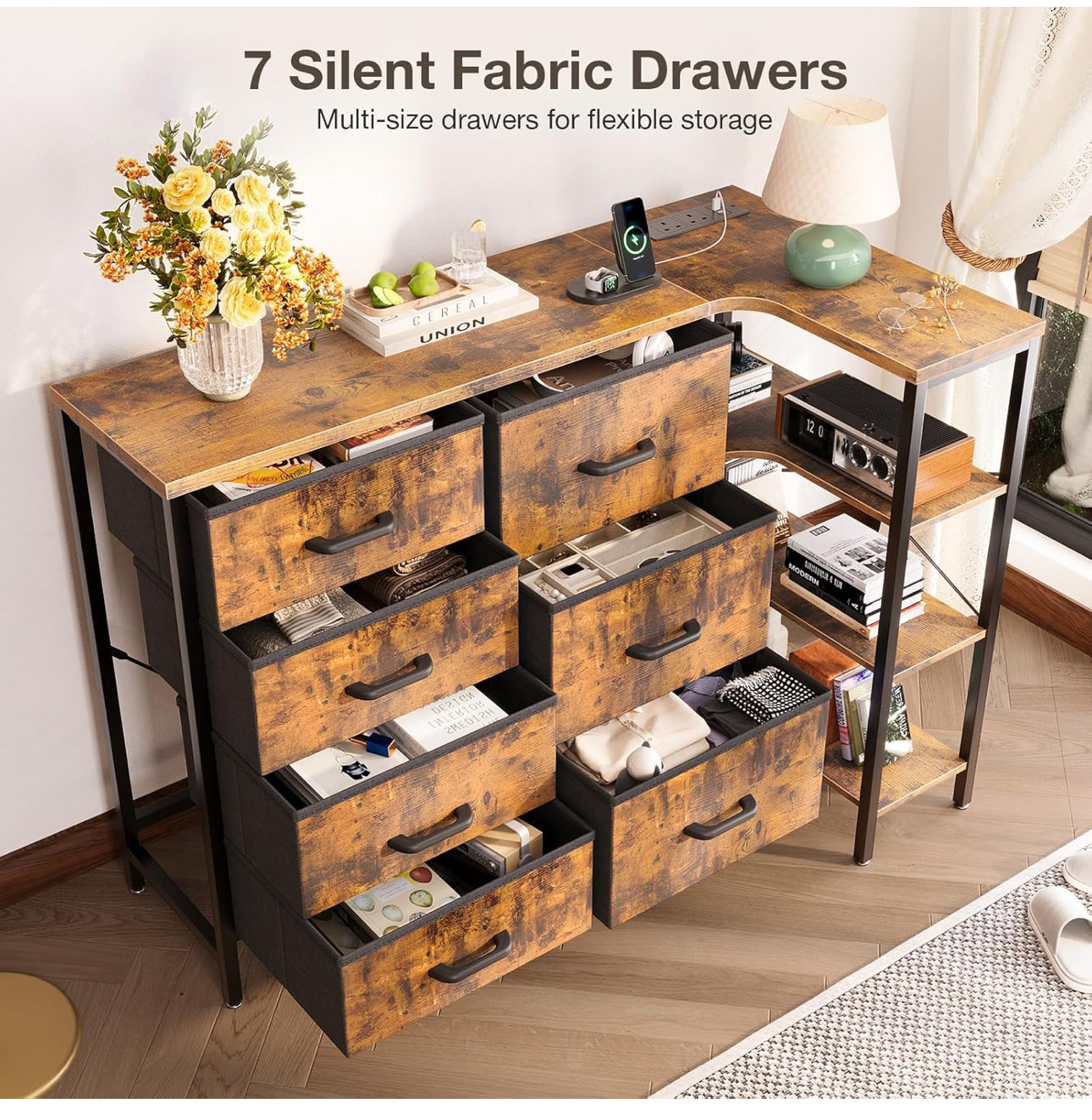 Corner Chest of Drawers Bedroom, Storage Dresser with 7 Fabric Drawers - 2 USB and 2 AC Outlets and LED,
