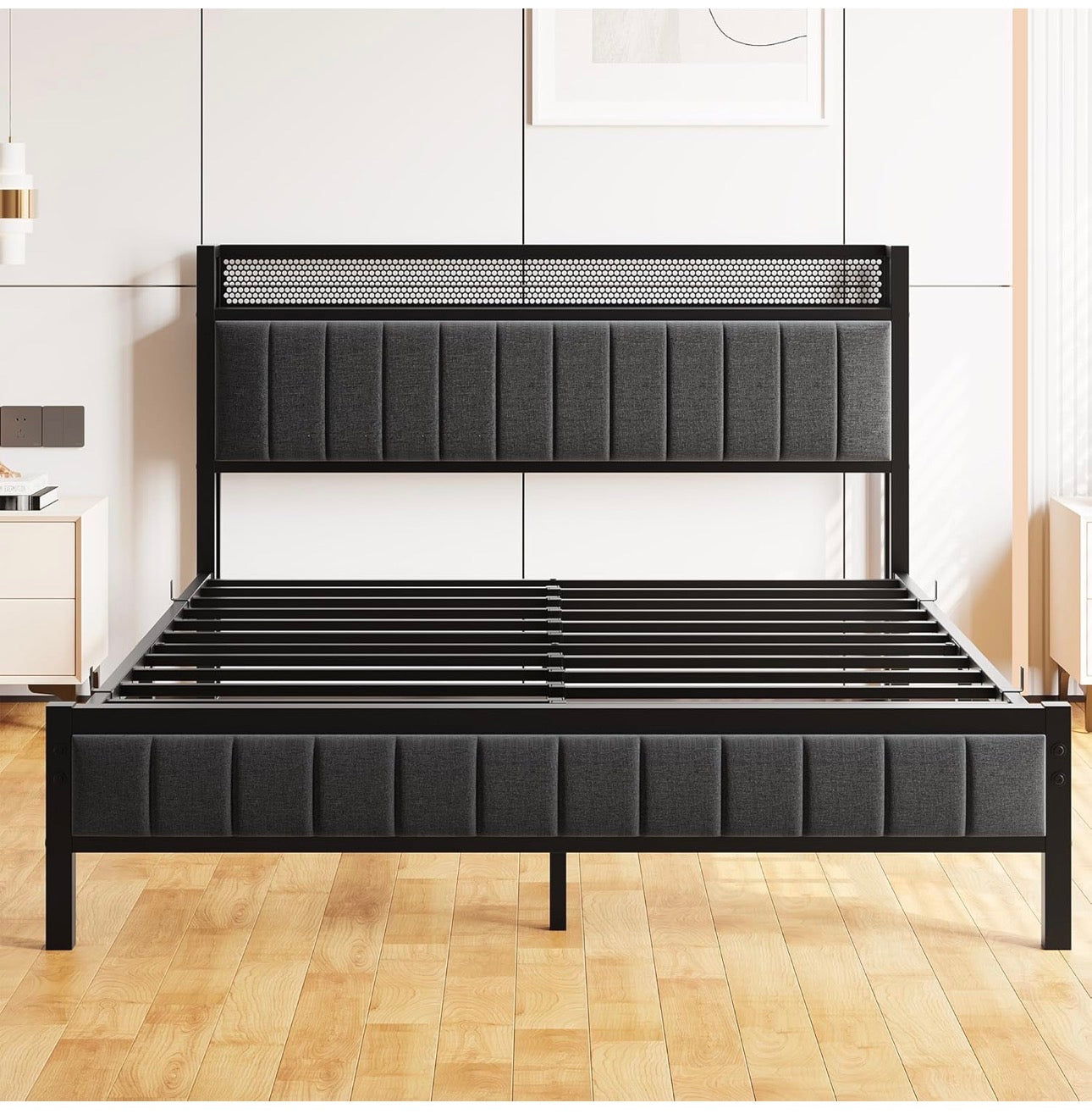 King Size Bed Frame with Storage Upholstered Headboard Shelf,5ft
