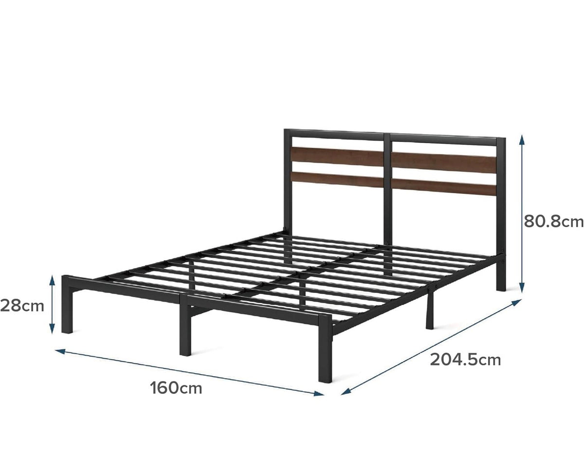 Double Bed Frame with Headboard (140 x 200cm) – Bamboo and Metal Bed Frame with Steel Slat Support, Easy Assembly – Black & Brown