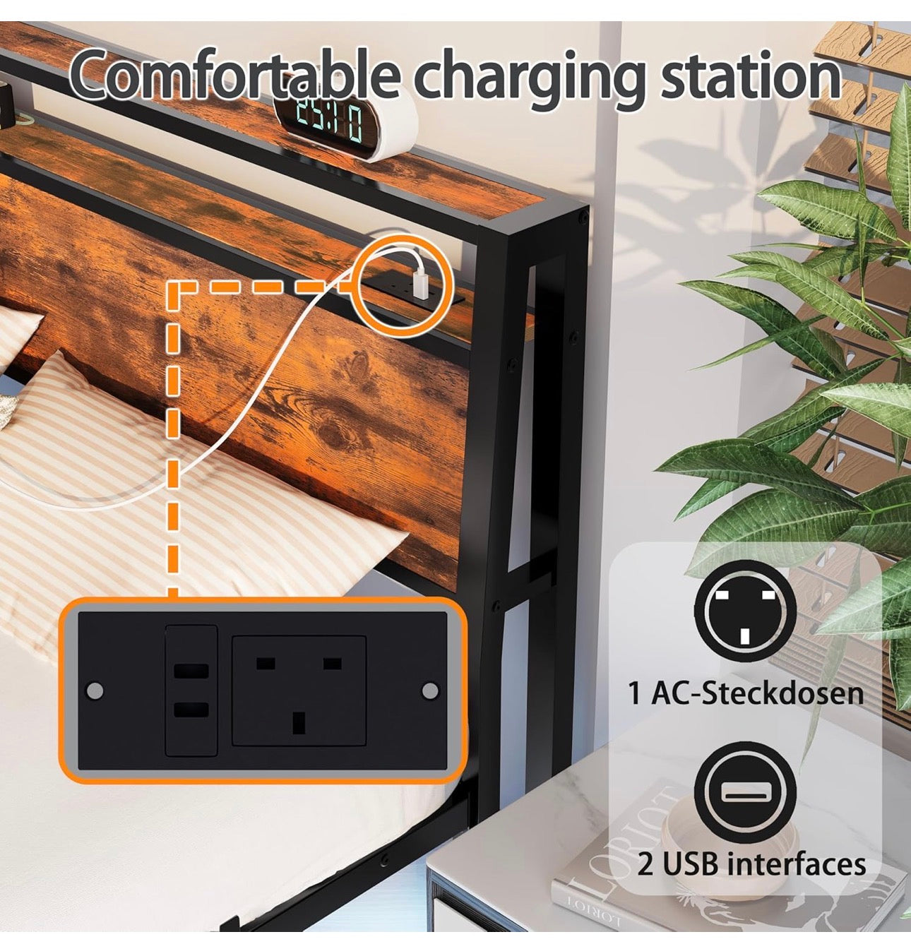 Floating Bed Frame Double Size with Charging Station and LED Lights, Wood Headboard with Storage Shelves