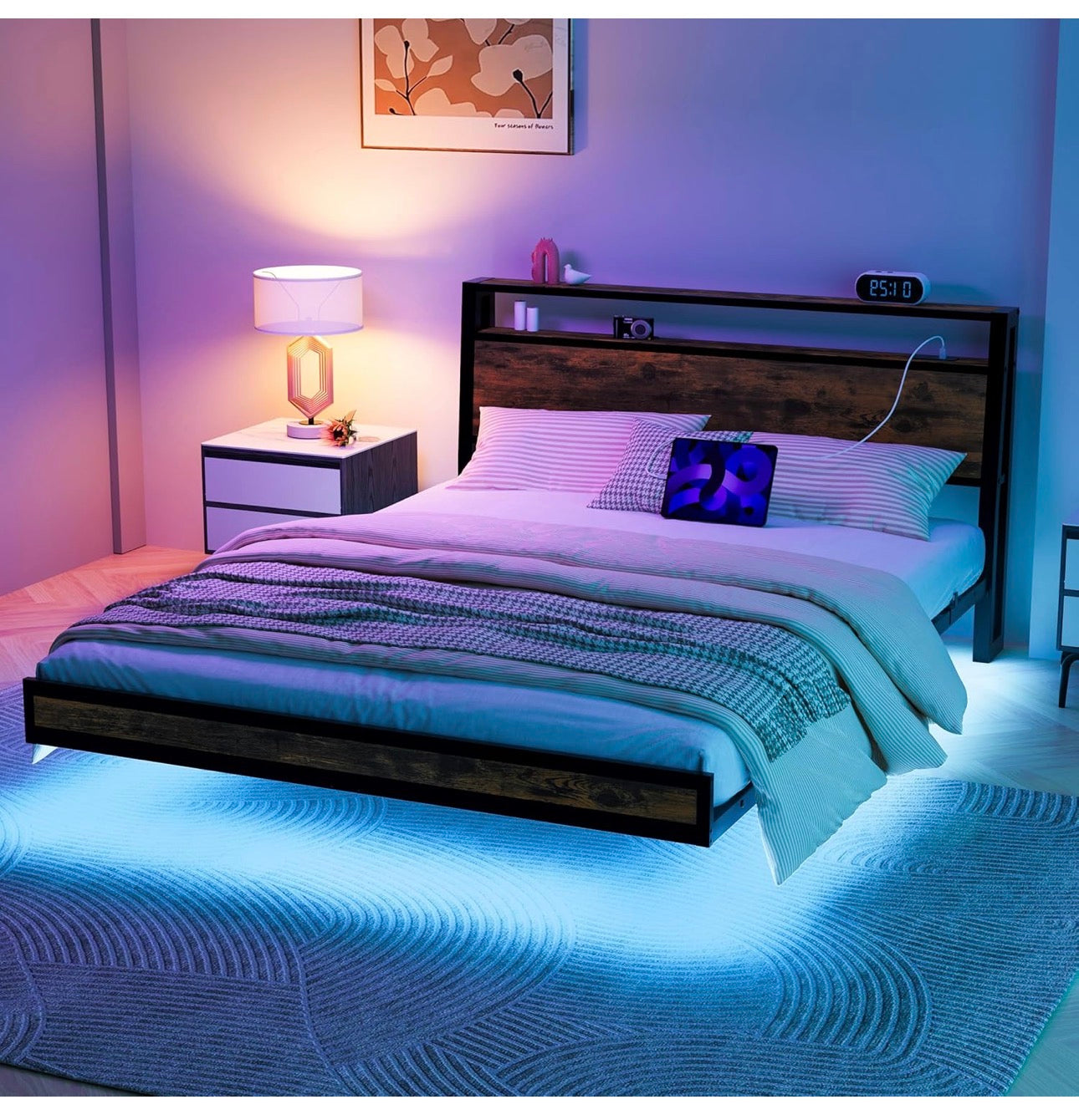 Floating Bed Frame Double Size with Charging Station and LED Lights, Wood Headboard with Storage Shelves