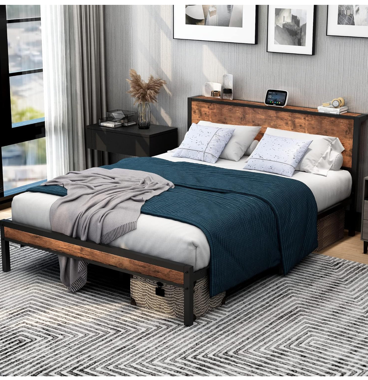 King Size Bed Frame with Storage Wooden Headboard
