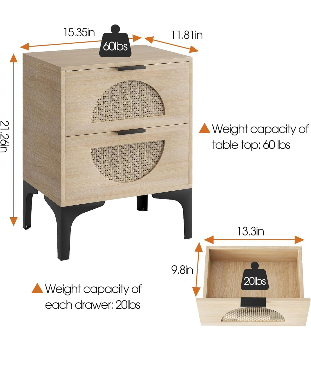 Set of 2 Bedside Table Boho Wood Nightstand