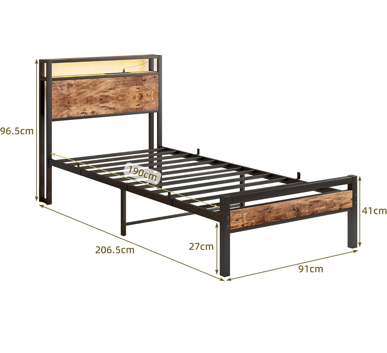 Single Bed Frame with Storage Shelf Headboard &amp; LED Lights,Metal Platform Bed Frame with Charging Station