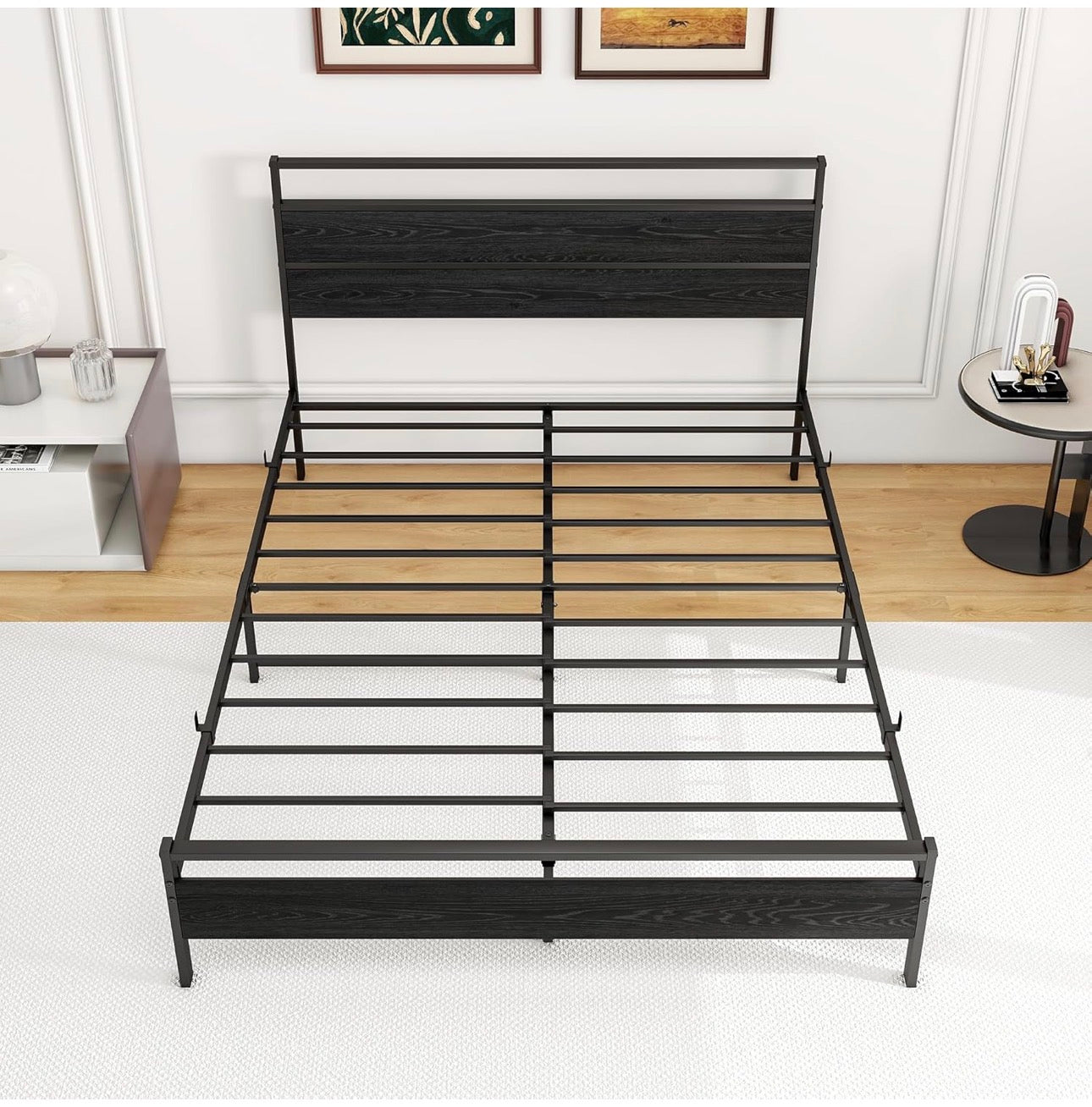 King Size Bed Frame with Wooden Headboard, Metal Bed Frame King size Bed Base/Mattress Foundation,Metal Slat Support Noise Free,Textured Black