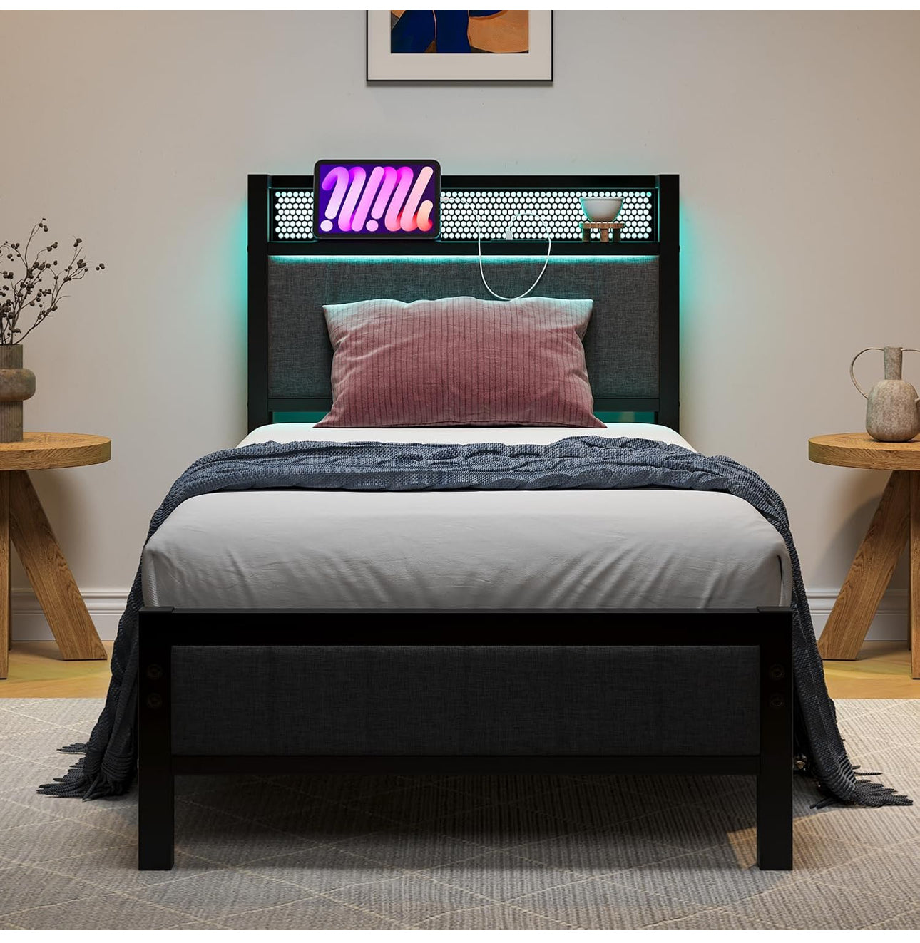 Single Bed Frames with Storage Headboard and Charging Station/LED Lights