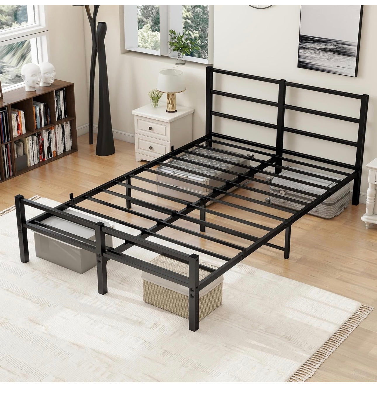 4ft6 Double Bed Frame with Headboard, Metal Slats Support Platform Bed Frames Double Bed with Storage Under Bed, Enhanced Support Stable Easy Assembly, Noise Free, No Box Spring Needed, Black