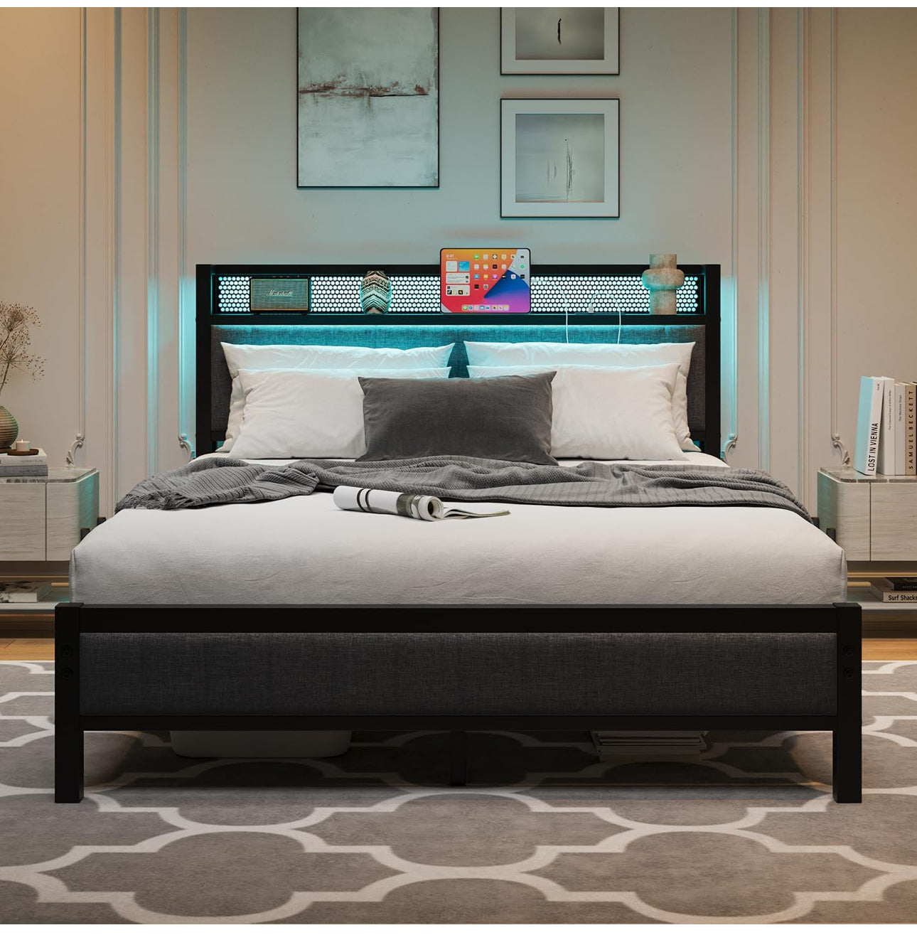 4ft6 Upholstered Bed Frame Double Bed with Charging Station