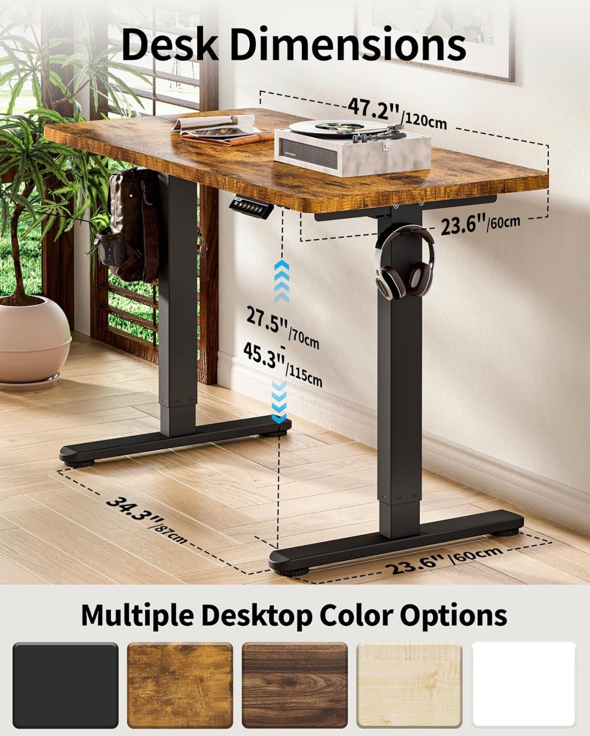 Electric Standing Desk 120x60cm Gaming Desk 3 Memory with Splice Board, 70–115cm Lift, 2 Hooks, 80kg Load, Computer Workstation, Rustic Brown