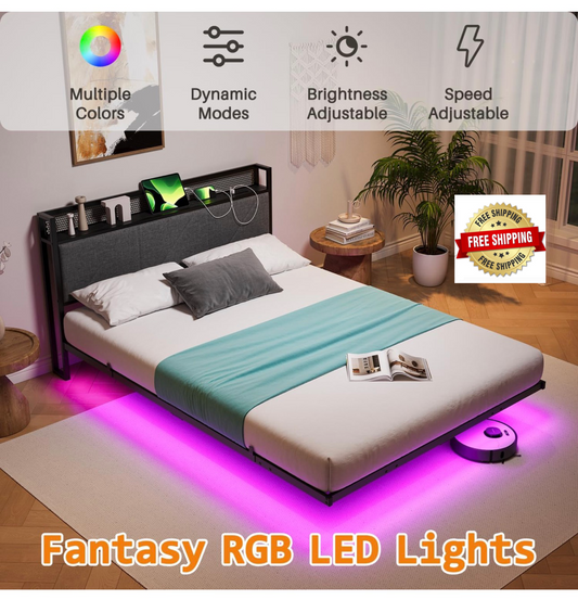 Floating Double Bed Frame with Upholstered Headboard Storage, Black
135x190cm Metal Bed Frame with LED Lights & USB Charging Station, 4ft6 Platform Bed, Heavy Duty Metal Slats, Noise Free