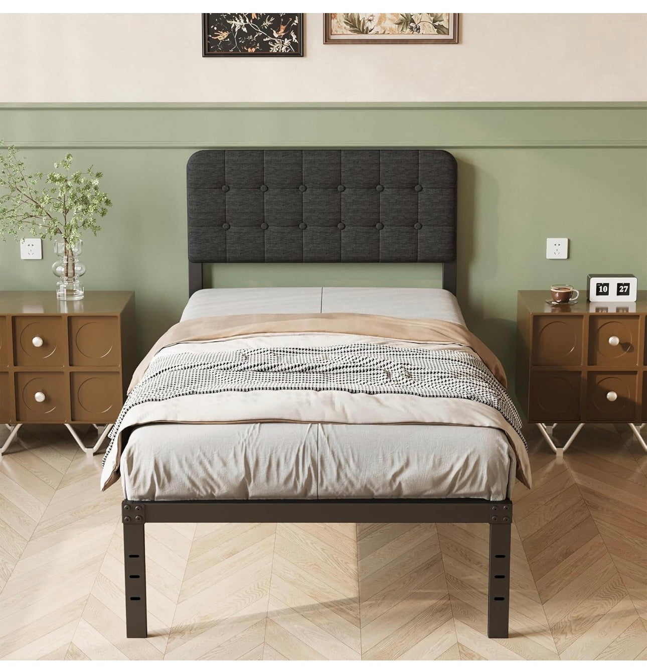3ft Single Bed Frame with Upholstered Headboard and Footboard, 36cm High Metal Bed Frame Single 90x 190cm