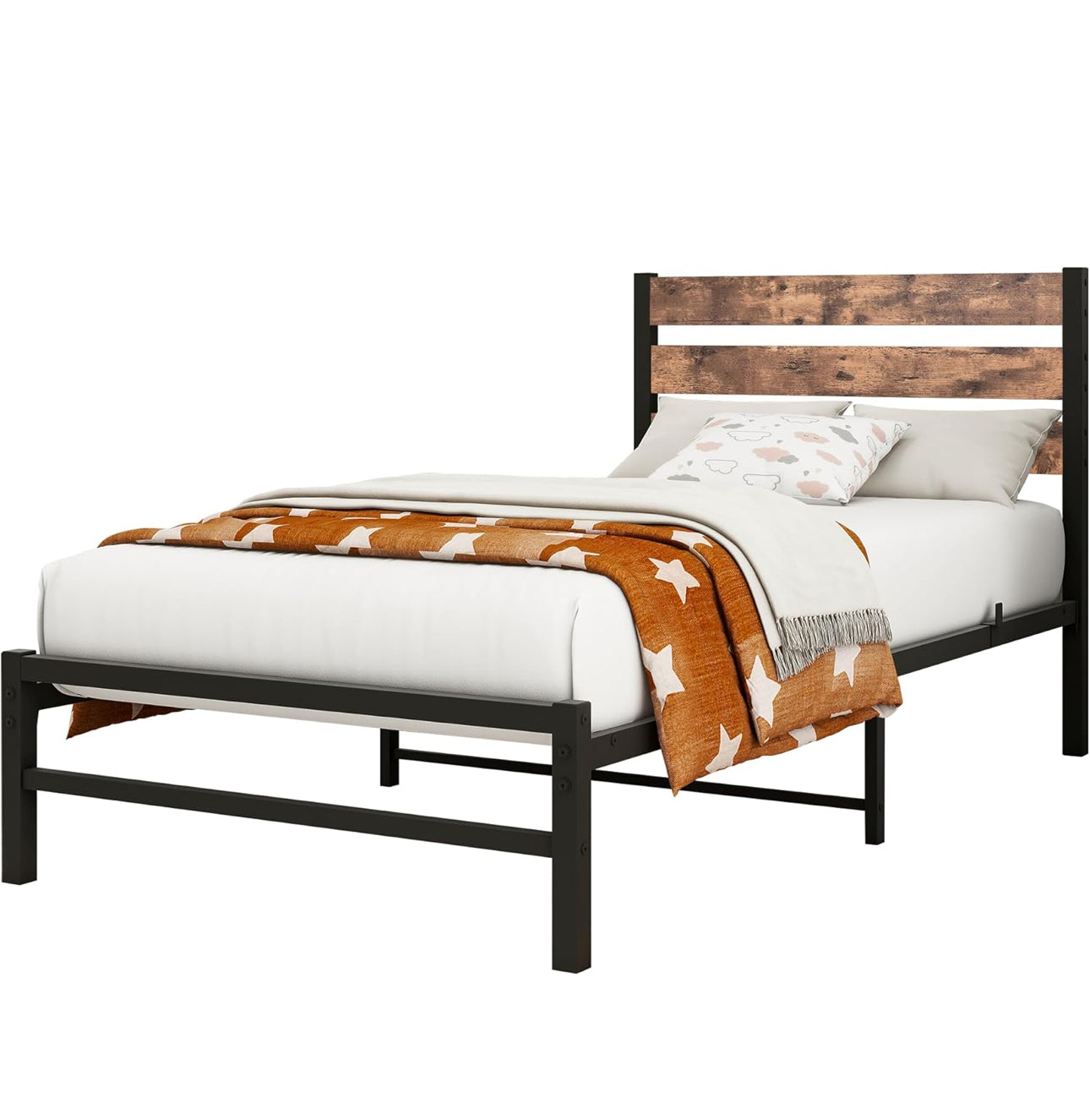 Single Bed Frame Heavy Duty Metal Platform Bed Frame, Black Brown