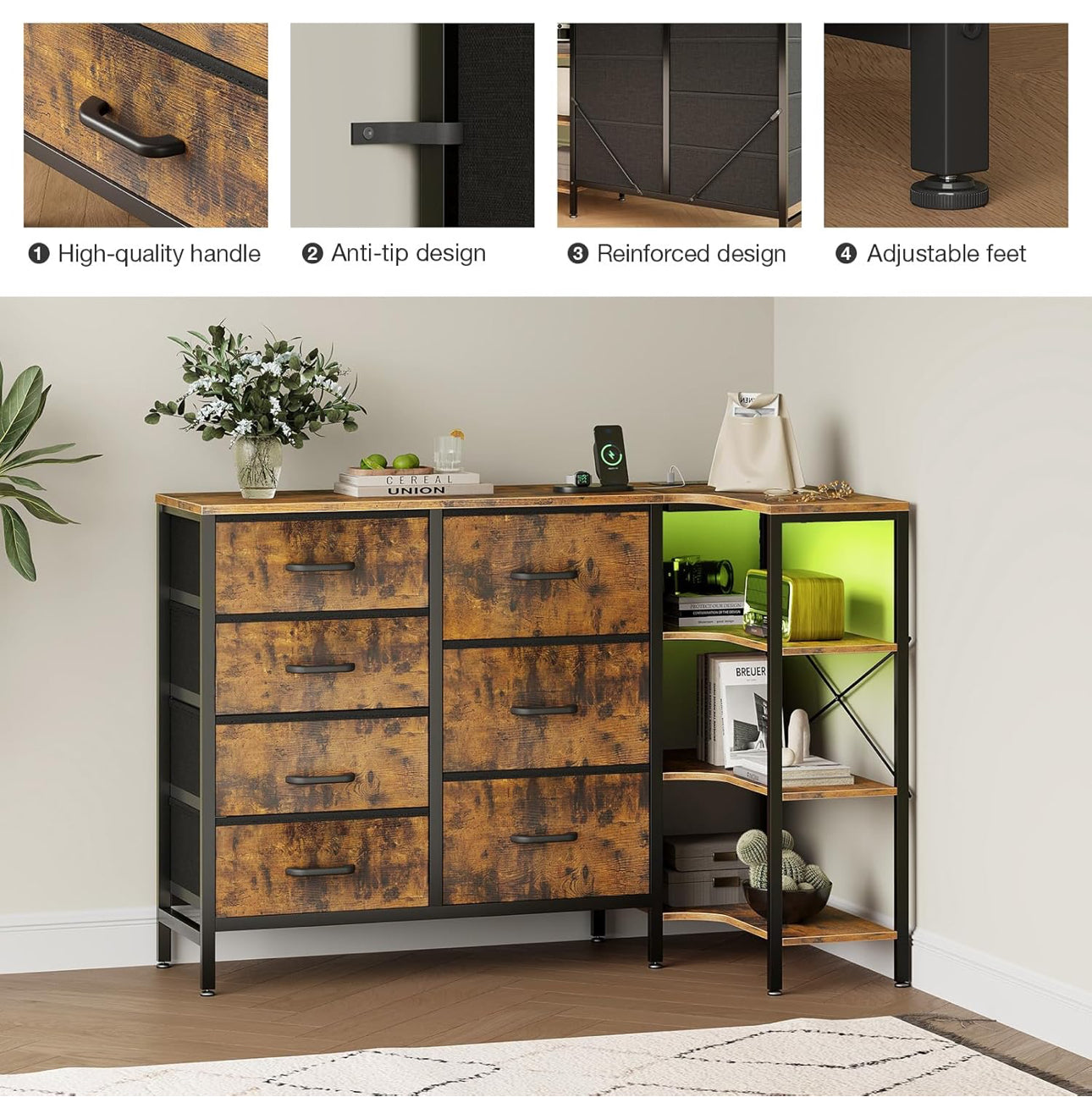 Corner Chest of Drawers Bedroom, Storage Dresser with 7 Fabric Drawers - 2 USB and 2 AC Outlets and LED,