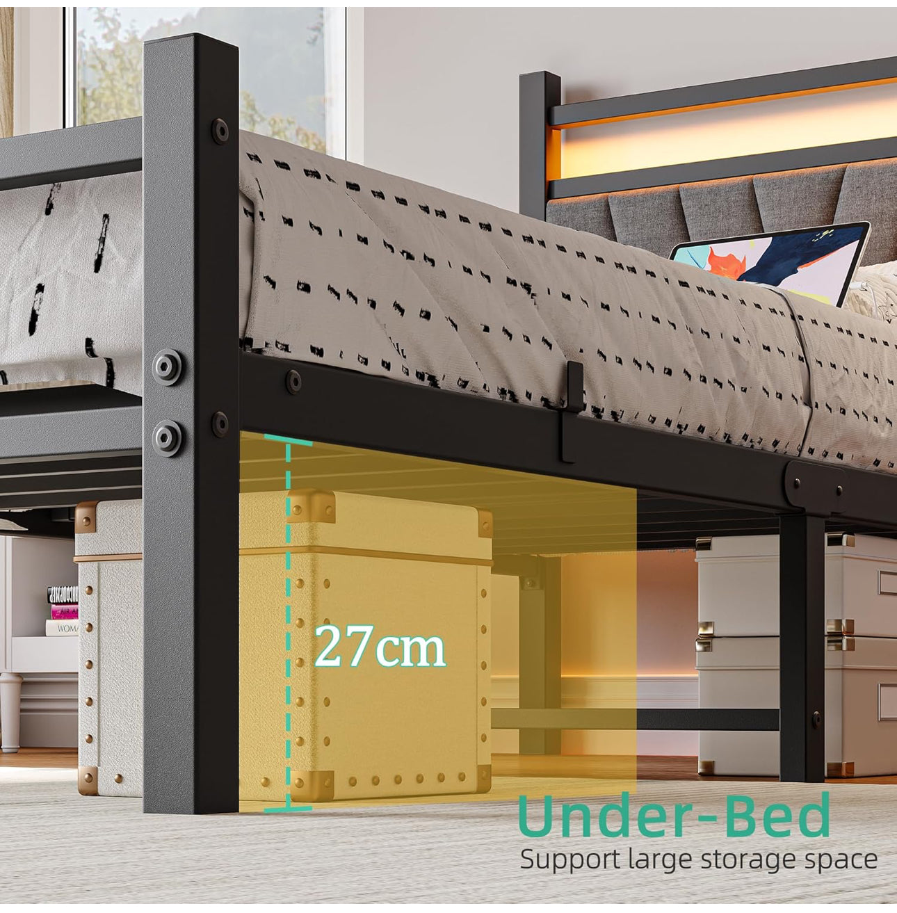 3FT Single Bed Frame, Metal Platform Upholstered Bed frame with Headboard and USB Charging