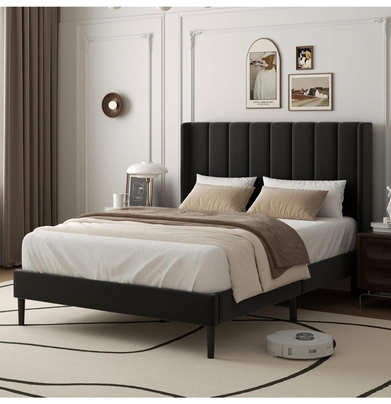 Double Bed Frame with Headboard, Vertical Channel Tufted