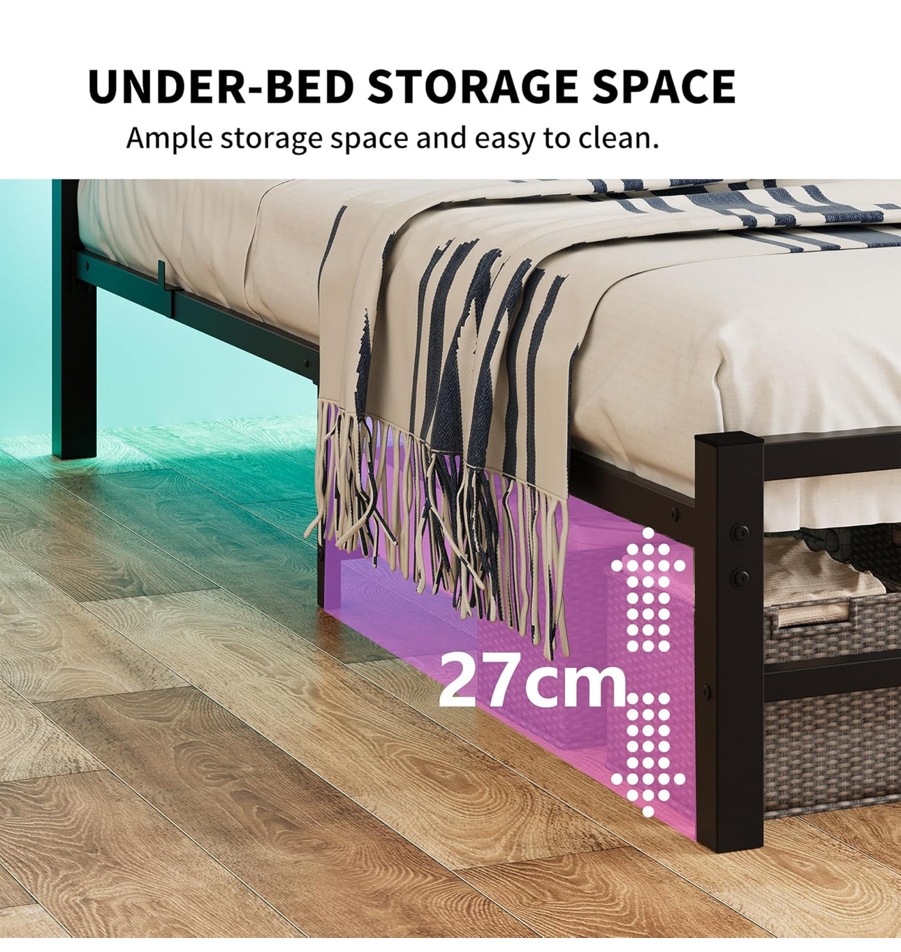 King Size Bed Frame with Storage Headboard, 5ft Upholstered Bed Frame Kingsize with Charging Station and LED Lights