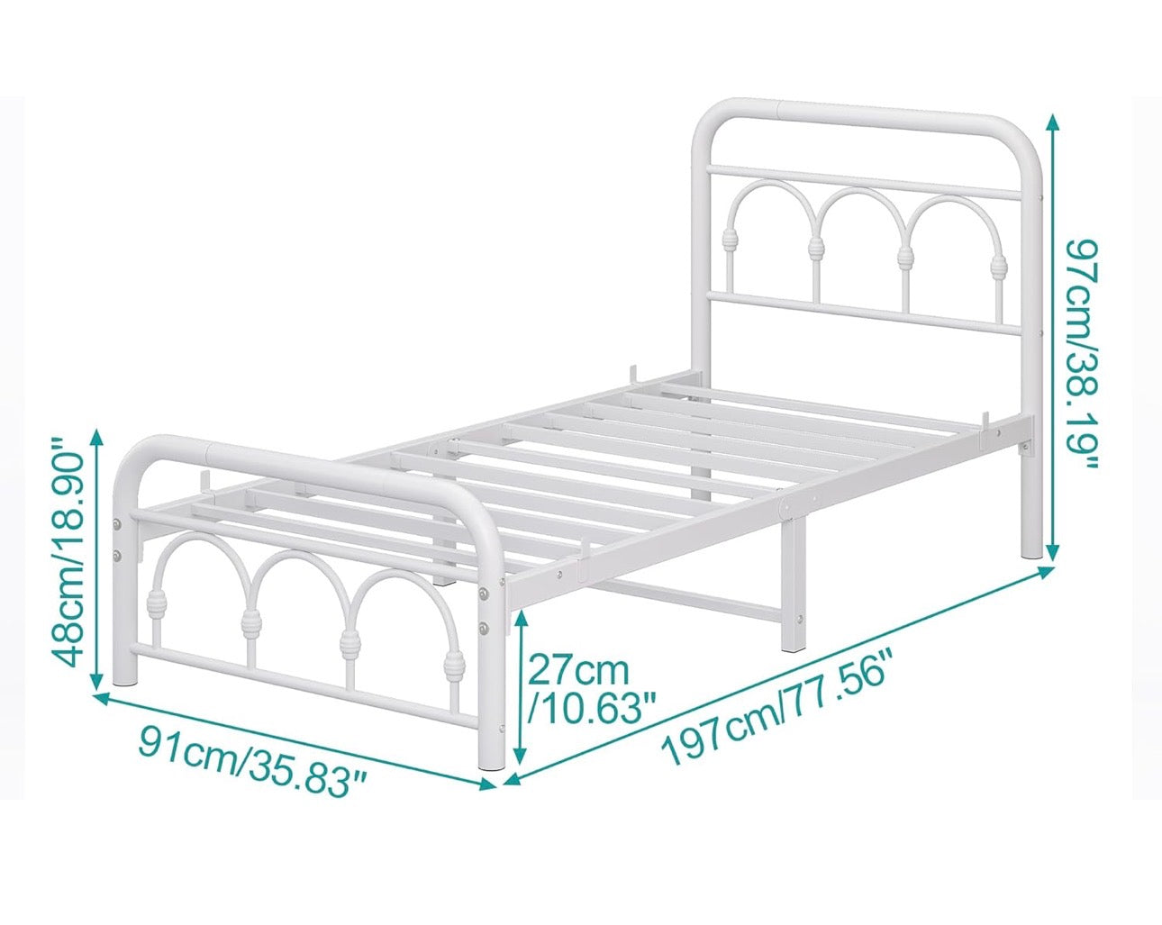 3ft Single Bed Frame with Headboard(90x190cm),Metal Arched Single Size Bed Base