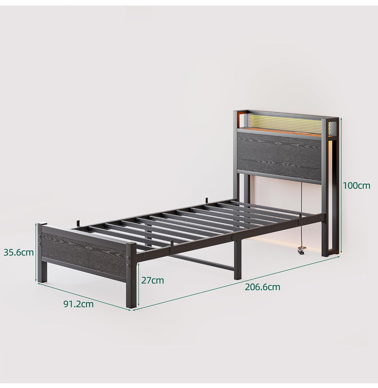 Single Bed Frame with Storage Headboard Shelf,LED Lights,3ft Metal Bed Frame Single Bed with Charging Station