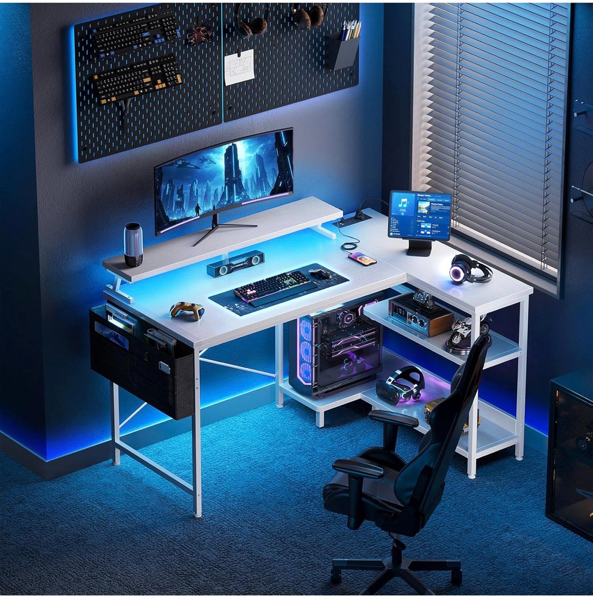 L Shaped Gaming Desk with LED Lights & Power Outlet, 100x70 cm