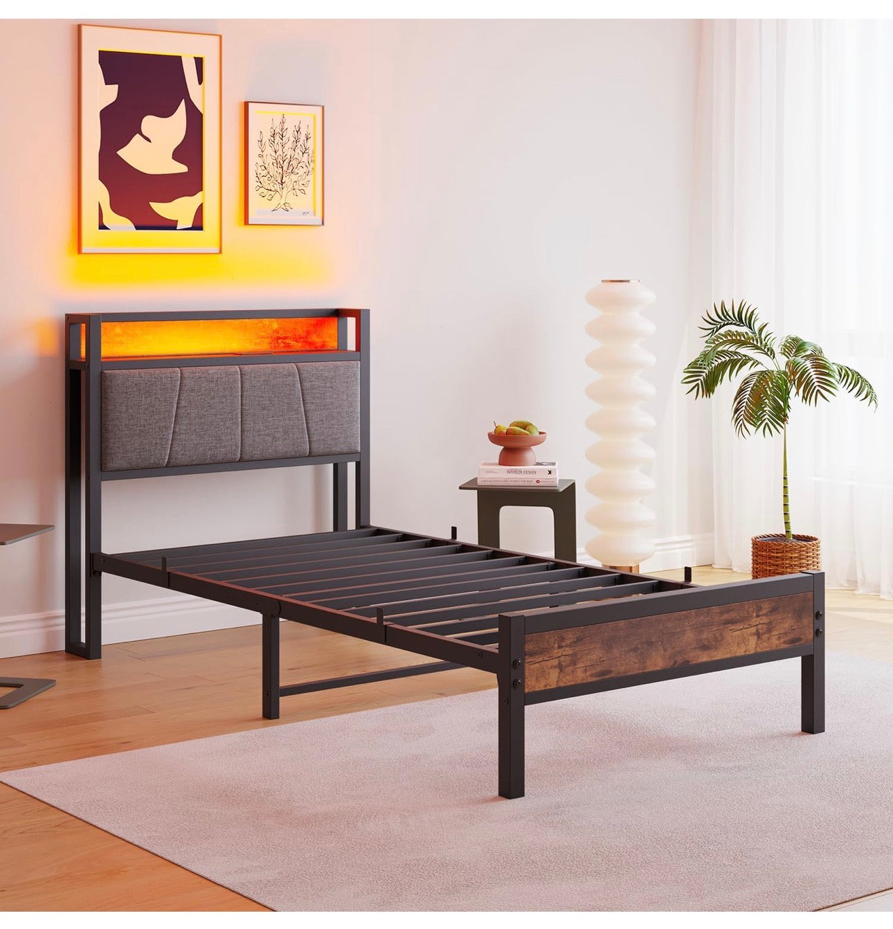 3ft Single Bed Frame with Storage Headboard,LED Lights Brown