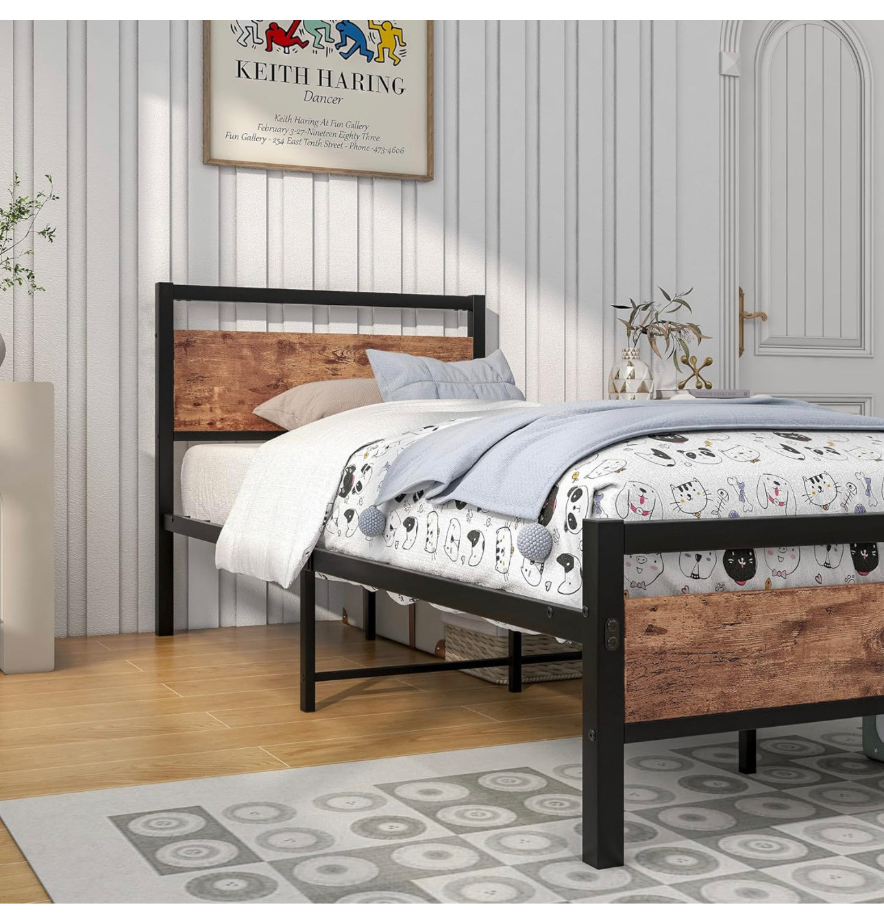 Black Metal Bed Frame Single with Wood Headboard,