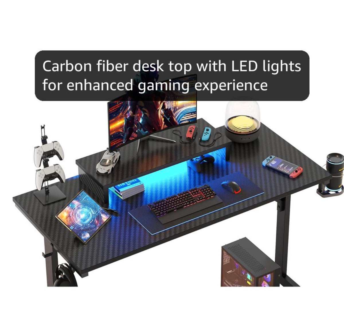 Gaming Desk 106.6 CM LED Computer Desk with Monitor Stand Gamer Workstation with Cup Holder & Headset Hooks for Home Office Bedroom Small Space