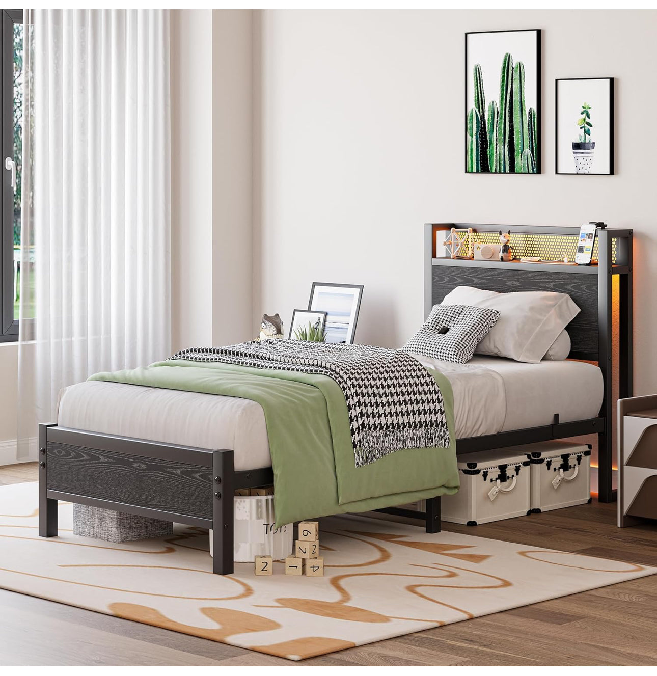 Single Bed Frame with Storage Headboard Shelf,LED Lights,3ft Metal Bed Frame Single Bed with Charging Station