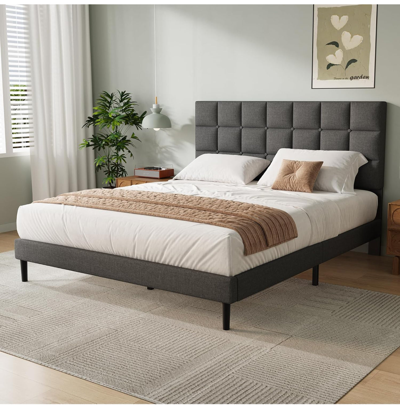 King Bed Frame, Easy Assembly, Sturdy Wooden Slat
