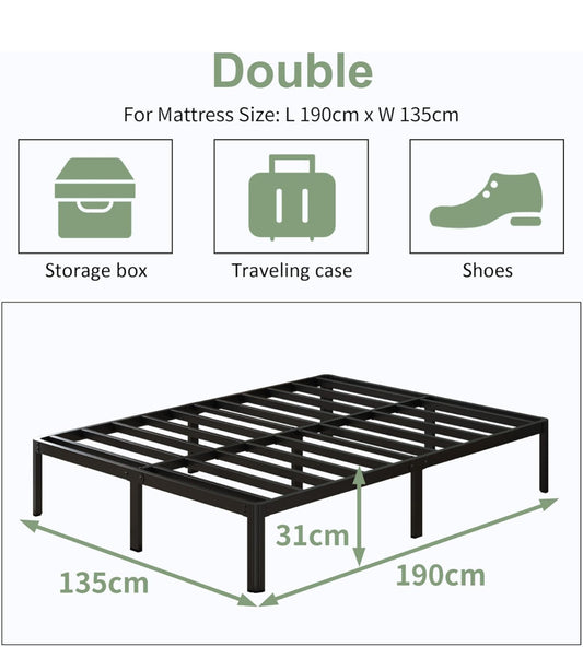 4ft6 Double Bed Frame 30.5 cm High with Rounded Corner Legs, Heavy Duty Metal Bed Frame