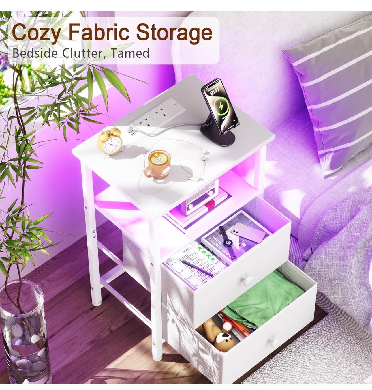 Bedside Table with Charging Station, Side Table with LED Light, Nightstand with 2 Fabric Drawers and Open Storage Shelf, Small Bedside Cabinet for Living Room, Bedroom, White