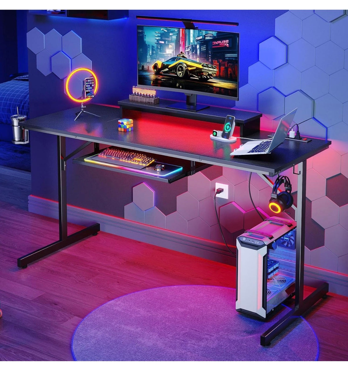 Gaming Desk 106.6 CM LED Computer Desk with Monitor Stand Gamer Workstation with Cup Holder & Headset Hooks for Home Office Bedroom Small Space