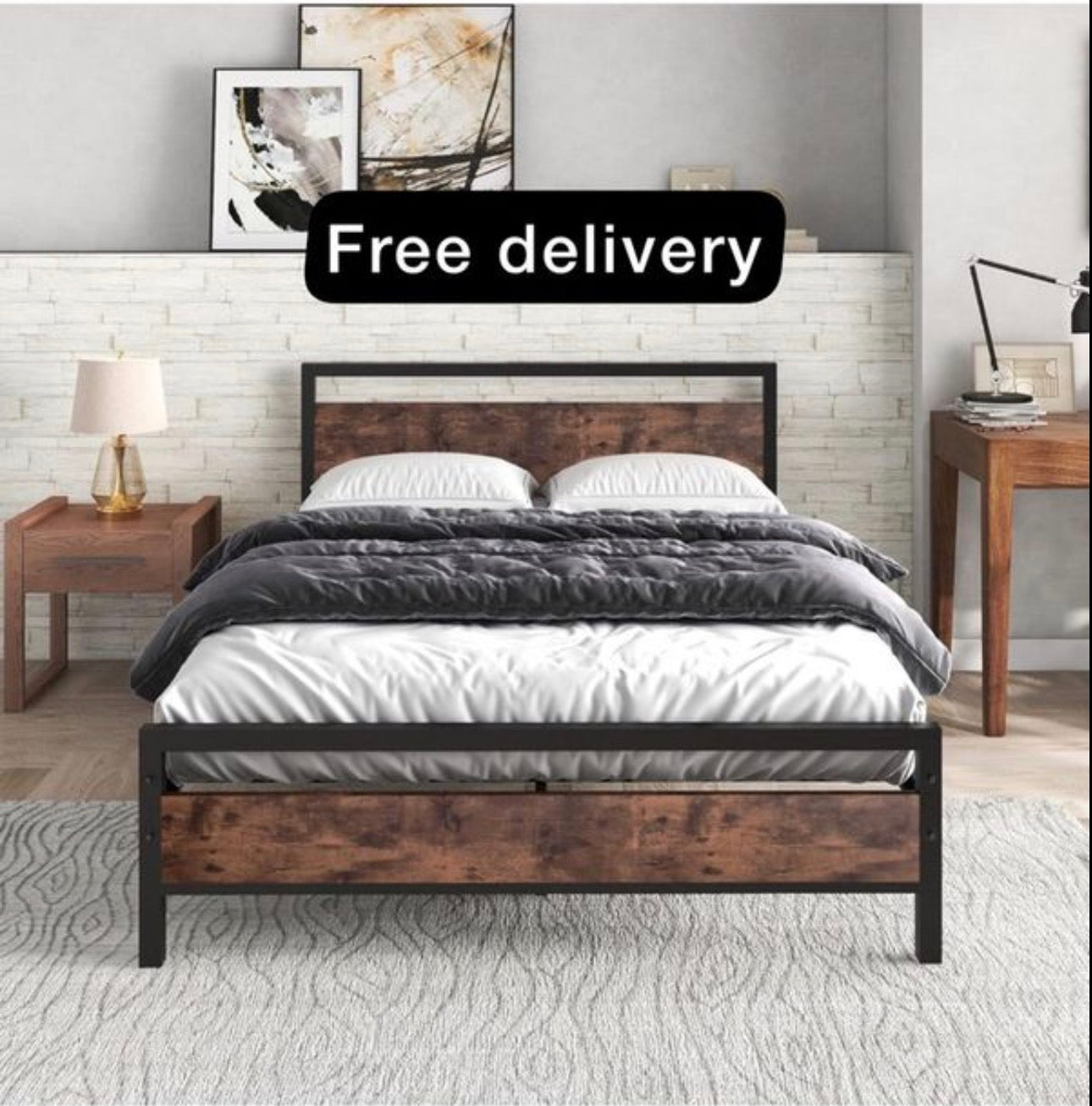 Double Bed Frame with Wooden Headboard