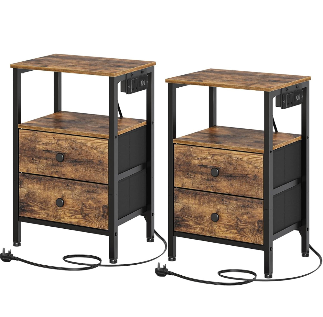 Set 2 of Bedside Table with Charging Station, Side Table with 2 USB Ports and Outlet