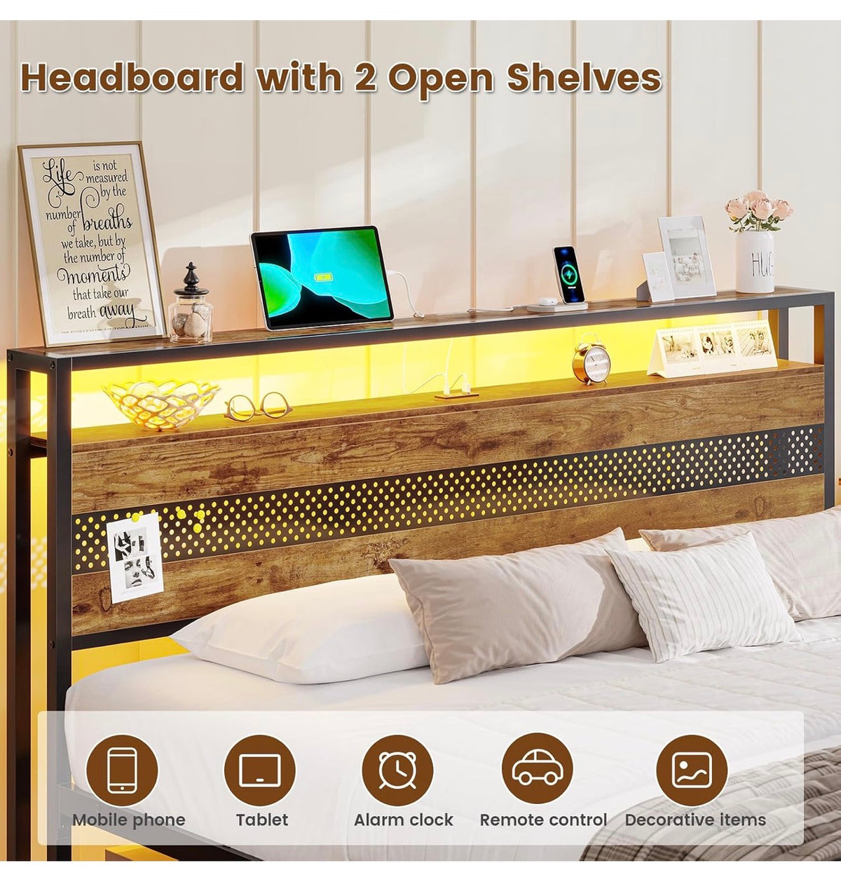 4ft6 Double Bed Frame with Wooden Headboard, Metal Platform Bed Frame with LED Lights and Charging Station,Sturdy Metal Slats Support, UnderBed Storage,Easy Assemble,No Mattress (Double-135x190cm)