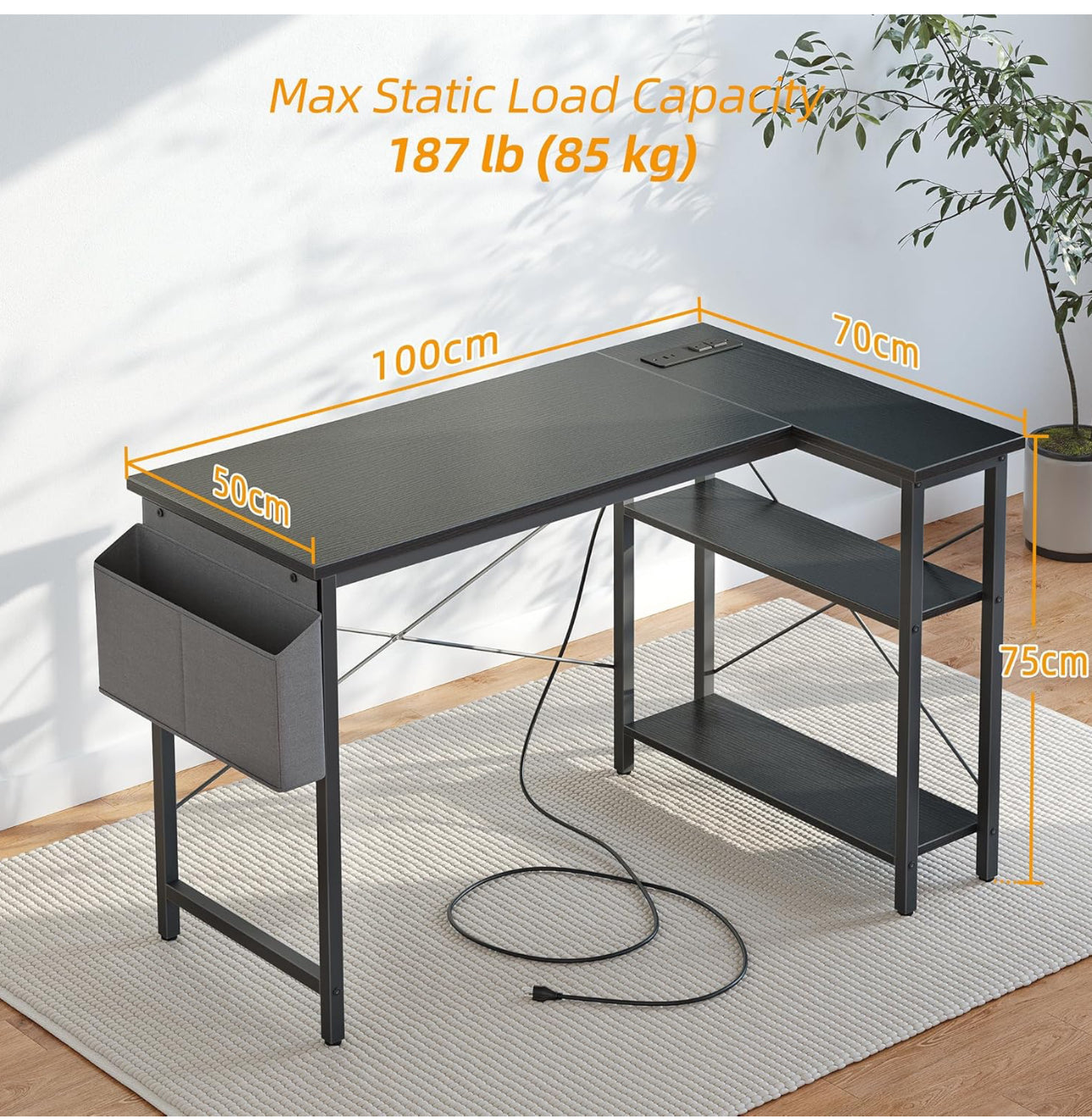 L Shaped Desk with Power Outlets 100x70 cm