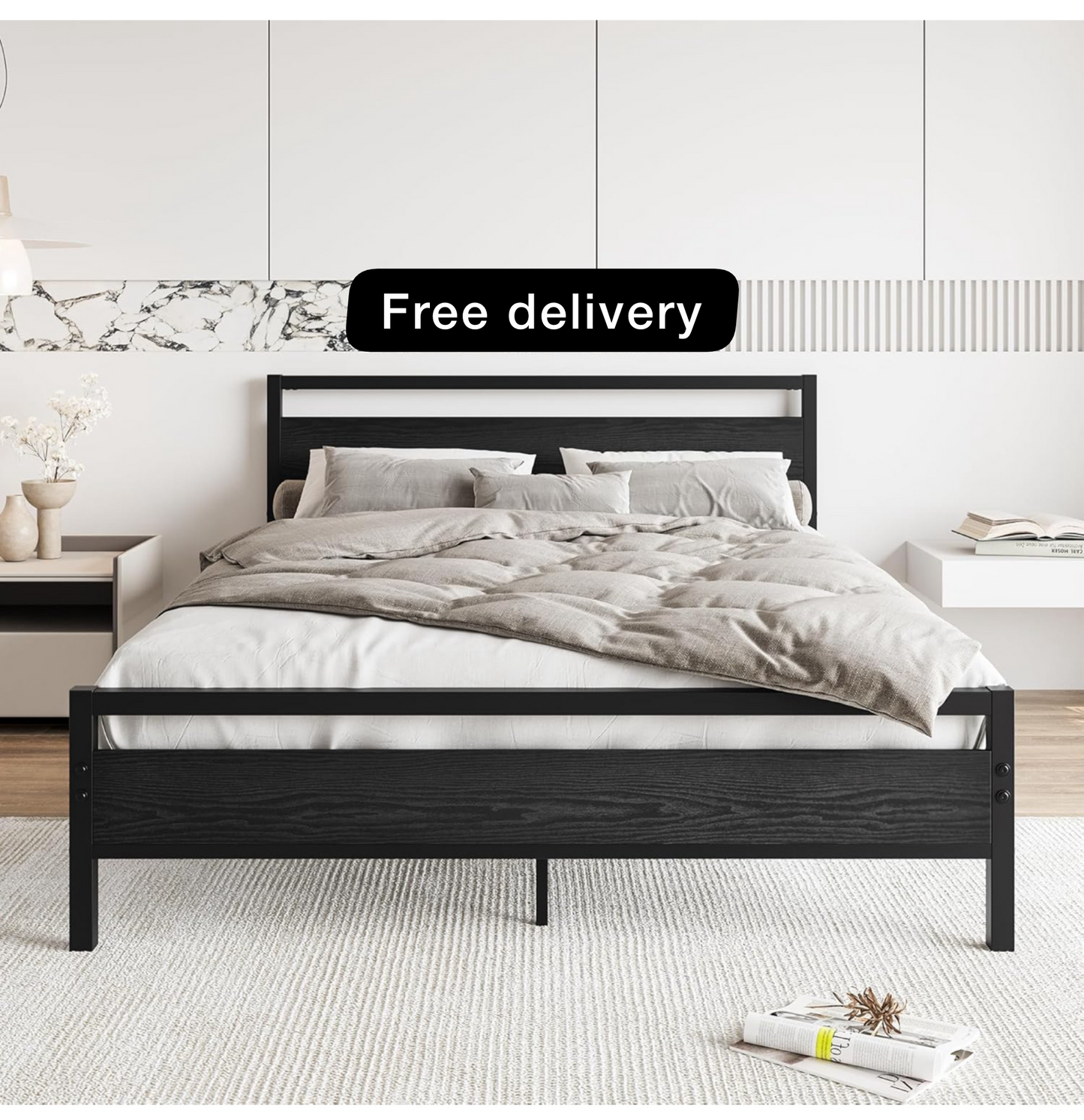 King Size Bed Frame with Wood Headboard,Heavy Duty Metal Platform